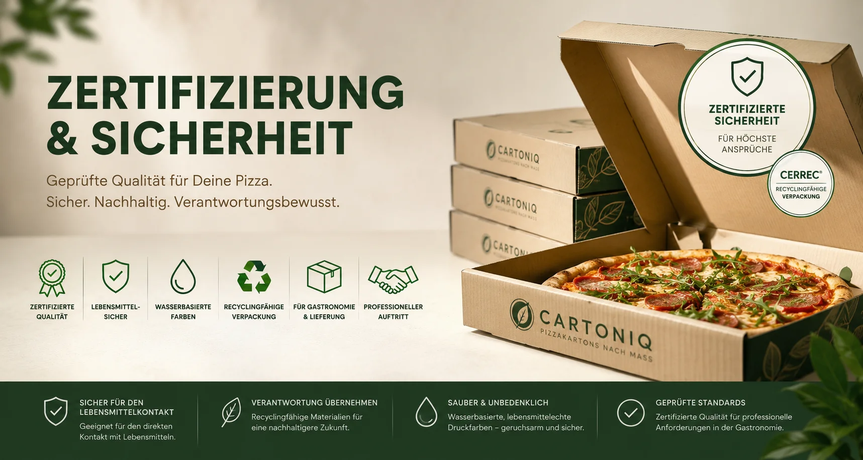 Zertifizierte Pizzakartons von Cartoniq für Gastronomie und Lieferung